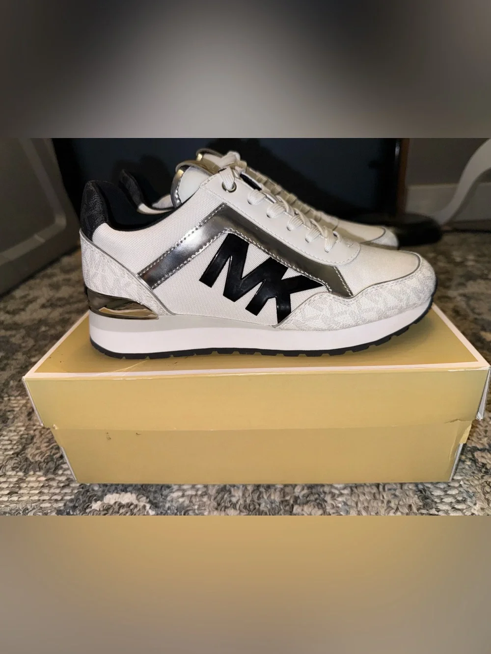 Michael Kors White, Black & Silver MK Logo Wedge Sneakers